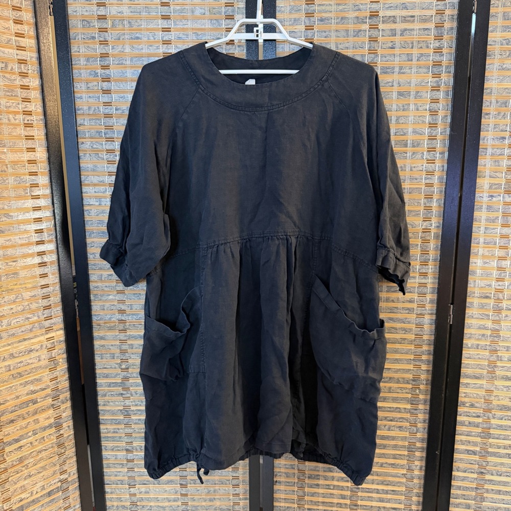 Linenbee Tunic Dress Women OS Black Oversized Boho Lagenlook Linen Pockets